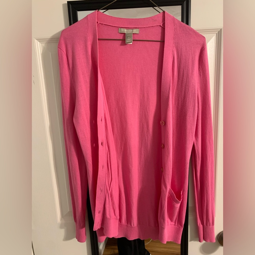 Small Petite Banana Republic cardigan, bright pink.